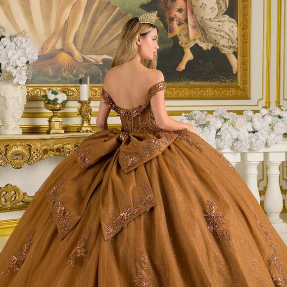 New Brown Beaded Quinceanera Tulle Dress w/ Layered Skirt & Back Bow GL3811 - Picture 13 of 15